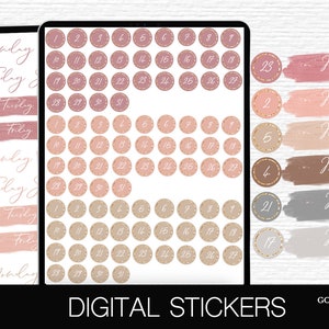 May include: Digital stickers for Goodnotes app. The stickers are in various shades of pink, brown, and beige. They include numbers 1-31, days of the week, and the word "Monday" in a handwritten font.