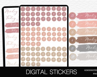 Pastel Digital Planner Dates Days Stickers Goodnotes Stickers iPad Digital Journal Sticker PNG Stickers for Goodnotes Pre-crop Circle Number