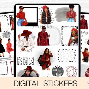 May include: Digital stickers for Goodnotes featuring illustrations of women in red and black outfits, with geometric shapes and text that says "Make Big Plans".