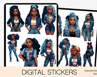 May include: Digital stickers featuring illustrations of women in denim jackets, jeans, and shorts. The stickers showcase various hairstyles and accessories. The text "DIGITAL STICKERS" is displayed at the bottom.