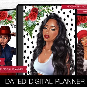 Puede incluir: Un planificador digital con un fondo de lunares blanco y negro. El planificador presenta tres portadas diferentes con ilustraciones de mujeres con cabello negro largo. Las portadas incluyen flores rojas, un sombrero rojo y un sombrero de cubo rojo. El texto "2025, 2026" y "PLANIFICADOR DIGITAL TODO EN UNO" son visibles en la portada. El texto "GOODNOTES, NOTABILITY, ETC" e "HIPERVINCULADO" son visibles en la portada. El texto "PLANIFICADOR DIGITAL CON FECHA" es visible en la parte inferior de la imagen.