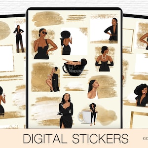 May include: Digital stickers for Goodnotes featuring illustrations of Black women in black dresses with gold accents. The stickers include frames, coffee cups, and gold brushstrokes.