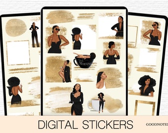 Digital Stickers for Goodnotes Black Girls Digital Stickers Gold Glitter Sticky Notes Digital Icon Stickers Digital Planner Stickers PNG