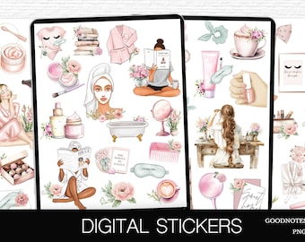 Aesthetic Goodnotes Stickers Digital Self-Care Makeup Routine Daily Morning Routine Digital planner sticker kit Glam Girls sticker book PNG