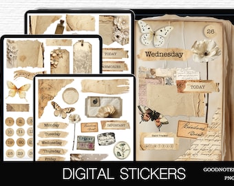 May include: Digital stickers for Goodnotes featuring a vintage aesthetic with butterflies, flowers, and torn paper textures. The stickers include a calendar, habit tracker, and various decorative elements.