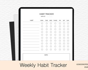Op de afbeelding: Een zwart-witte printbare wekelijkse gewoontetracker met de tekst "HABIT TRACKER" en "WEEK OF" bovenaan. De tracker heeft een kolom voor elke dag van de week en rijen voor gewoontes. Elke dag heeft een rij cirkels om gewoontes af te vinken.