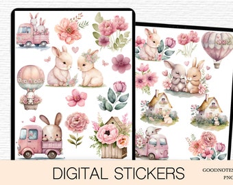 Digital stickers Precropped Easter Bunnies spring planner stickers flowers junk journal goodnotes floral sticker pack png deco files