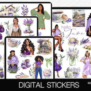 May include: Digital stickers featuring illustrations of women in various outfits, lavender flowers, and other floral elements. The stickers have a purple and green color scheme and include the text "hello June".