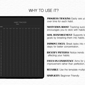 K&ouml;nnte beinhalten: Ein schwarz-wei&szlig;er Habit-Tracker mit einem Raster aus Quadraten f&uuml;r jeden Tag des Jahres. Der Text "HABIT TRACKER YEAR" befindet sich oben auf dem Raster. Der Text "WHY TO USE IT?" befindet sich oben auf der Seite, gefolgt von einer Liste der Vorteile der Verwendung eines Habit-Trackers, darunter "PROGRESS TRACKING", "MOTIVATION BOOST", "GOAL REINFORCEMENT", "IMPROVE FOCUS", "IDENTIFY PATTERNS", "FOCUS ON CONSISTENCY", "REUSABLE" und "SIMPLICITY".