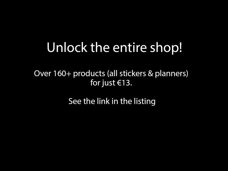 K&ouml;nnte beinhalten: Text auf schwarzem Hintergrund, der lautet: "Entsperren Sie den gesamten Shop! &Uuml;ber 160+ Produkte (alle Sticker & Planer) f&uuml;r nur 13 &euro;. Sehen Sie den Link in der Auflistung."