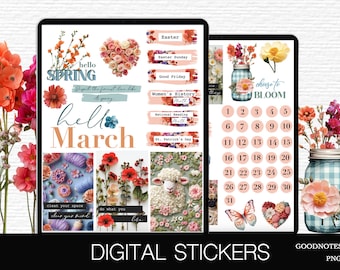 March Digital Planner Stickers 2025 Spring Sticker pack GoodNotes Stickers Precropped Easter Floral Holiday Digital Stickers Monthly sticker