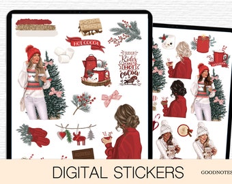 May include: Digital stickers featuring illustrations of women, hot cocoa, marshmallows, and holiday decorations. The stickers include images of a woman in a red hat and sweater, a red teapot, and the text "Sleigh Rides and Hot Cocoa."