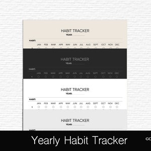 K&ouml;nnte beinhalten: Ein druckbarer Habit Tracker f&uuml;r ein Jahr. Der Tracker hat vier Abschnitte, jeder mit der &Uuml;berschrift "Habit Tracker" und einem Platz f&uuml;r das Jahr. Jeder Abschnitt hat eine Zeile f&uuml;r den Habit-Namen und eine Zeile f&uuml;r die Monate des Jahres. Jeder Monat hat einen Kreis f&uuml;r jeden Tag des Monats. Der Tracker ist in Schwarzwei&szlig;.