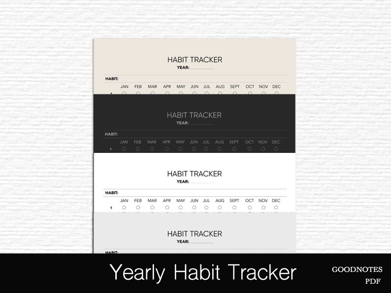K&ouml;nnte beinhalten: Ein druckbarer Habit Tracker f&uuml;r ein Jahr. Der Tracker hat vier Abschnitte, jeder mit der &Uuml;berschrift "Habit Tracker" und einem Platz f&uuml;r das Jahr. Jeder Abschnitt hat eine Zeile f&uuml;r den Habit-Namen und eine Zeile f&uuml;r die Monate des Jahres. Jeder Monat hat einen Kreis f&uuml;r jeden Tag des Monats. Der Tracker ist in Schwarzwei&szlig;.