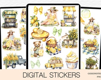 Digital Stickers, Goodnotes Summer Stickers, Yellow dress Woman Stickers, Tropical theme, Lemons Planner Stickers, digi bujo junk journal