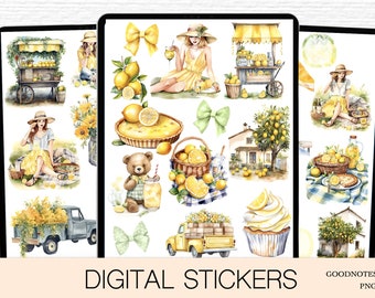 Digital Stickers Goodnotes Summer Stickers Yellow dress Woman Stickers Tropical theme Lemons Planner Stickers digi bujo junk journal PNG