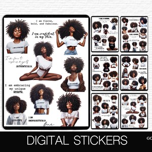 May include: Digital stickers featuring illustrations of Black women with afro hairstyles and empowering messages like "I am strong", "I am confident in my skin", and "I am embracing my unique beauty".