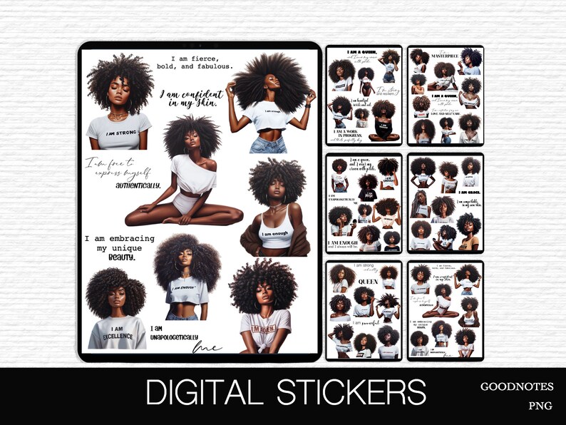 May include: Digital stickers featuring illustrations of Black women with afro hairstyles and empowering messages like "I am strong", "I am confident in my skin", and "I am embracing my unique beauty".