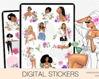 May include: A set of digital stickers featuring illustrations of women in various poses, including reading, relaxing in a bath, and enjoying a drink. The stickers are in a cartoon style and feature bright colors and floral accents. The text "DIGITAL STICKERS" and "GOODNOTES PNG" is included in the image.