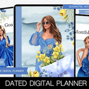 May include: A digital planner with a blue and white watercolor background. The planner features a woman in a blue dress holding flowers and a shopping bag with the word "DIOR" on it. The planner is for the years 2025 and 2026 and is compatible with Goodnotes, Notability, and other apps. The planner also includes a monthly calendar page.