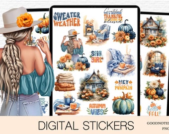 May include: Digital stickers featuring fall-themed illustrations. The stickers include images of pumpkins, cozy scenes, and text like "Sweater Weather" and "Hello Fall." The color palette includes orange, blue, and beige.