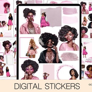 May include: Digital stickers featuring illustrations of women with pink accents and various poses. The stickers are designed for use with Goodnotes and are in PNG format.