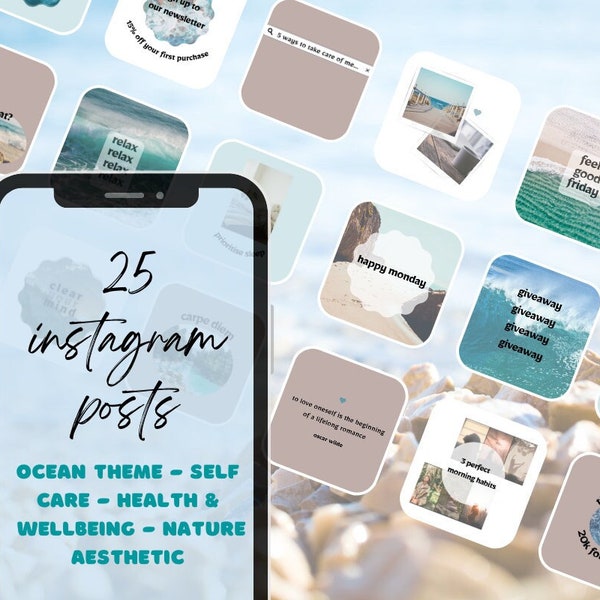 25 instagram post templates - ocean theme - health and wellness - canva template - nature aesthetic - sales templates - quotes - content