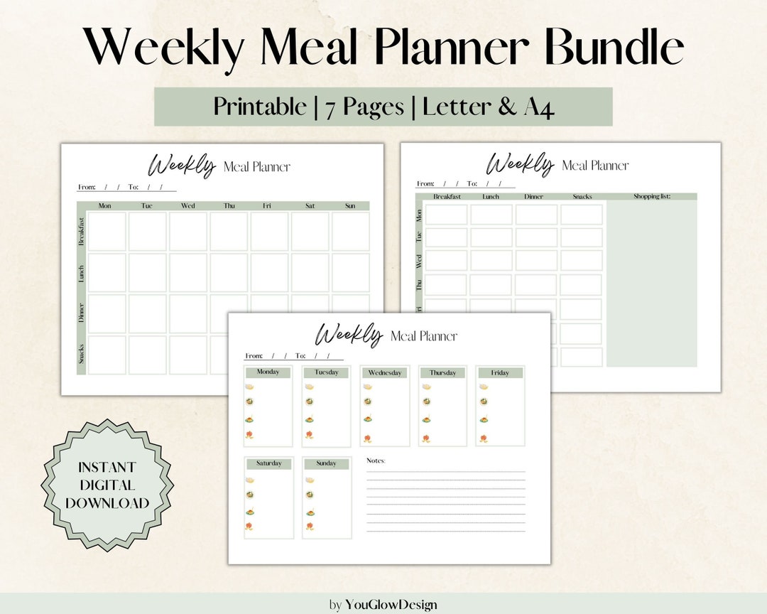 Weekly Meal Planner Bundle, Food Diary With Grocery Shopping List ...