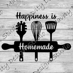 La felicidad es un png casero para calcomanía de pared / SVG para Cricut / archivo vectorial de decoración de cocina / archivo de corte con utensilios de cocina / rodillo