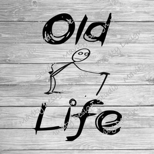 May include: Black and white illustration of a stick figure with a cane, with the words "Old Life" written in a stylized font.