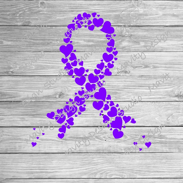 Purple cancer ribbon made of hearts svg or png for tshirt or decal | Alzheimer's | Crohn's Disease || Lupus |  Seizure Disorders | Thyroid