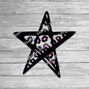 May include: A black star with a pink leopard print design. The star is outlined in black and has a rough, hand-drawn look.