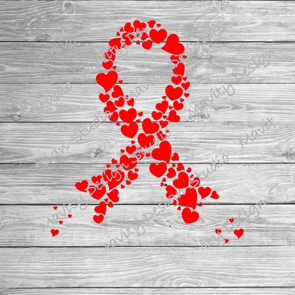 Red cancer ribbon made of hearts svg or png for tshirt or decal | blood cancer | aneurism | hiv | aids | awareness