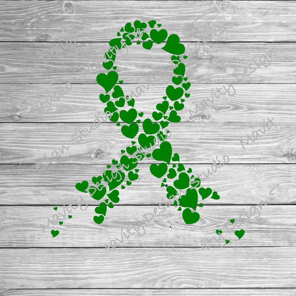 Green cancer ribbon made of hearts svg or png for tshirt or decal |  liver cancer | lymphoma | gall bladder cancer