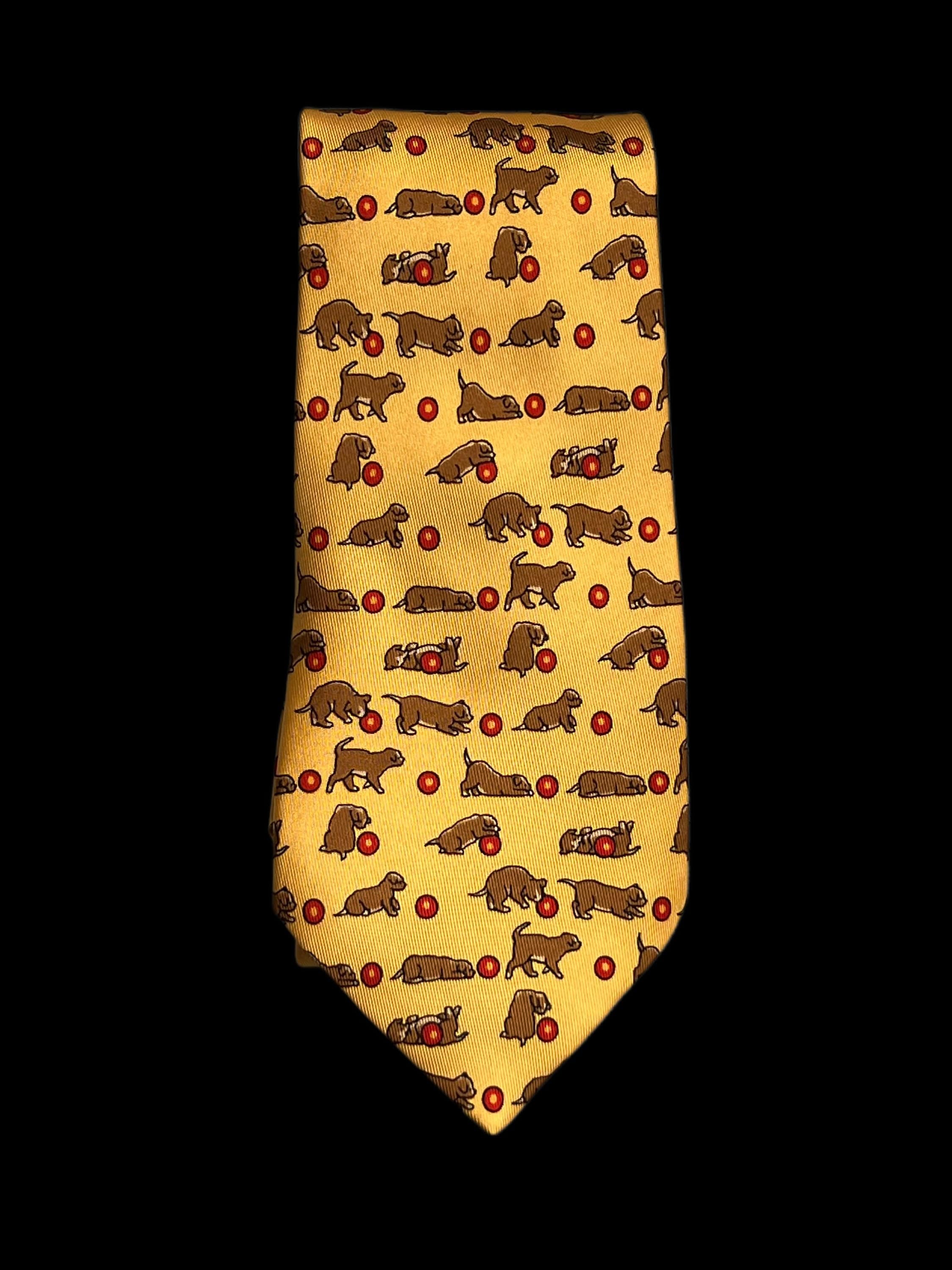 HERMES Playful Dog With Ball Printed Tie in Yellow Etsy Canada HERMES NECKTIE PRINT YELLOW