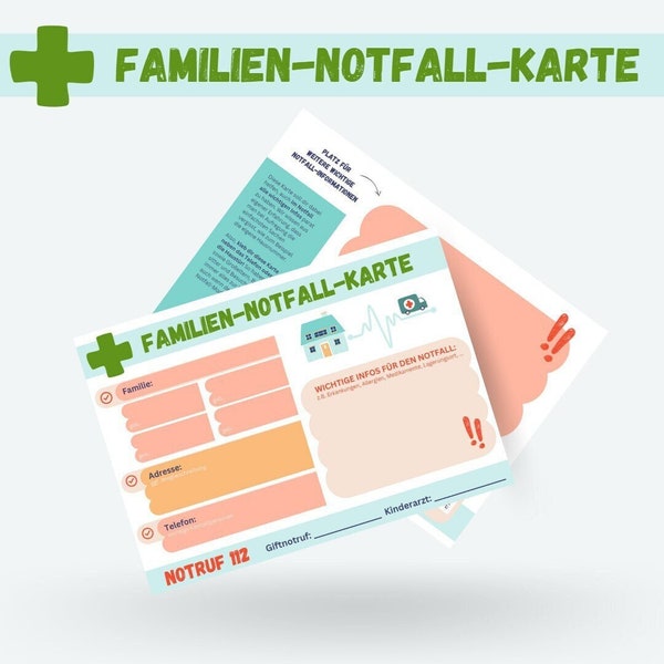 Familien-Notfall-Karte, Notfallinformation, Notfallausweis, Haustüre, Medikament, Familie, Adresskarte. SOS, Notfall-Karte, Kind, Familie
