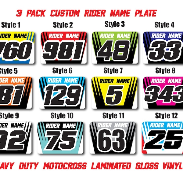 3x Nummernschild Aufkleber Aufkleber Namen Motocross Race Graphics Laminiert Heavy Duty MX Gloss 21mil Wetterfest