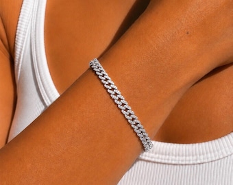Women’s Silver Cuban Bracelet: Sparkly CZ Diamond Chain