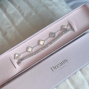 Pink Sparkly Diamond Clover Bracelet | 925 Sterling Silver | Real Mother of Pearl Clover Bracelet ONLY