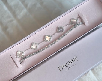 Pink OR White Pearl Sparkly Diamond Clover Bracelet | 925 Sterling Silver | Real Mother of Pearl Clover Bracelet SET