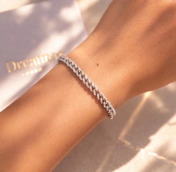 Bracciale Donna A Catena Cubana Oro 18K Con Zirconi Cubici - Regolabile 17+3 Cm, Larghezza 3.6 Mm, Ipoallergenico, Regalo In Confezione