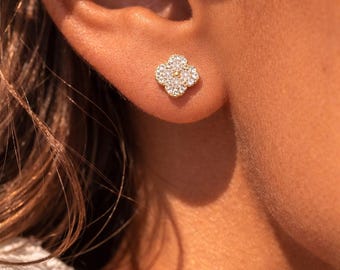 Luxury GOLD Clover Stud Earrings: Made with 14k Gold Plating, Sterling Silver + CZ Diamonds