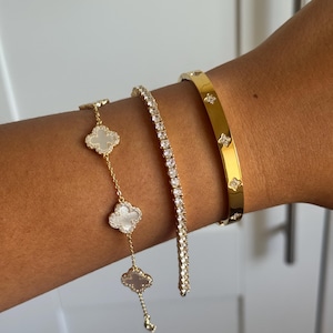 SET of 3 | Luxury Sparkly Diamond Clover Bracelet | 925 Sterling Silver with 14k Gold Plating | Bracelet Stack