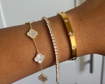 SET of 3 | Luxury Sparkly Diamond Clover Bracelet | 925 Sterling Silver with 14k Gold Plating | Bracelet Stack