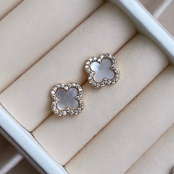 Luxury 925 Sterling Silver GOLD Stud Earrings | GOLD & Genuine Mother of Pearl | Clover Jewellery | Clover Earrings