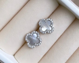 Luxury 925 Sterling Silver Stud Earrings | SILVER & Genuine Mother of Pearl | Clover Jewellery | Clover Earrings