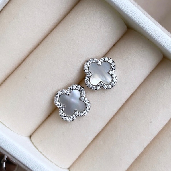 Luxury 925 Sterling Silver Stud Earrings | SILVER & Genuine Mother of Pearl | Clover Jewellery | Clover Earrings