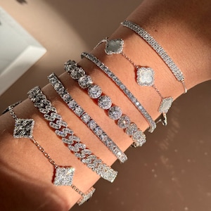 1pc |  Silver Diamond Bracelet | Genuine Mother of Pearl | Sparkly Diamond Clover Bracelet | 925 Sterling Silver