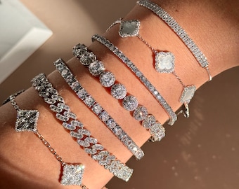 1pc |  Silver Diamond Bracelet | Genuine Mother of Pearl | Sparkly Diamond Clover Bracelet | 925 Sterling Silver