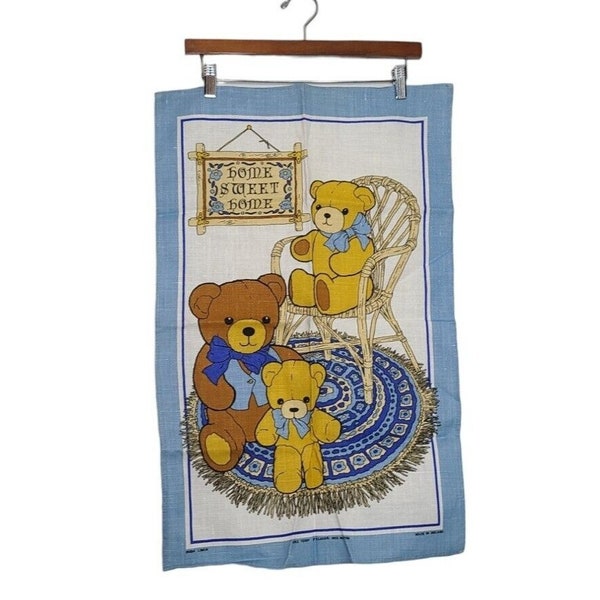 VTG Ulster Chez Teddy Bears Home Sweet Home Irish Linen Tea Towel Wall Art 18x28